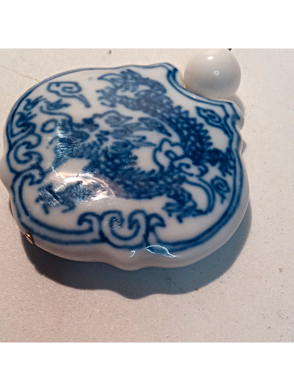 VTG Chinese Blue and White Porcelain Dragon Pendant Cloud Motif Amulet Ornament